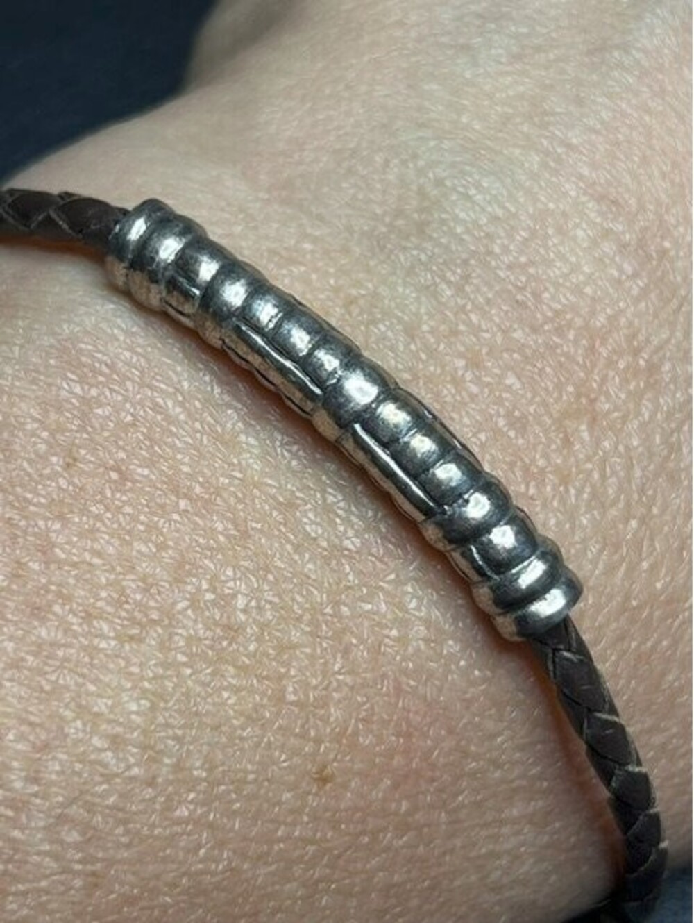 B7534 Vintage CA Braided Leather Bracelet Sterling Silver 925 bar  bracelet 7.5"